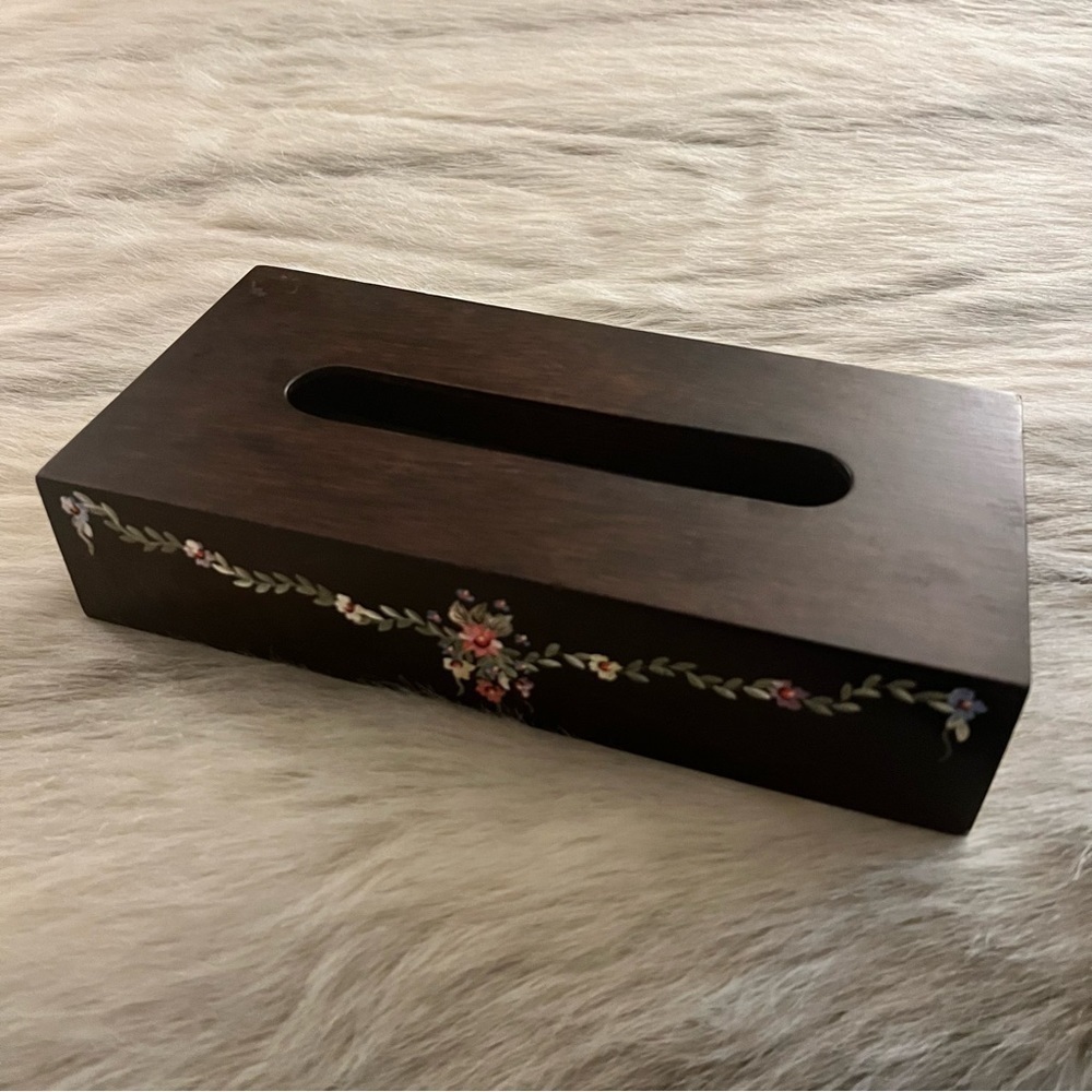 Vintage HANDPAINTED Flowets Dark Wooden Rectangle Tissue Box Covet Midcentury - Picture 9 of 12